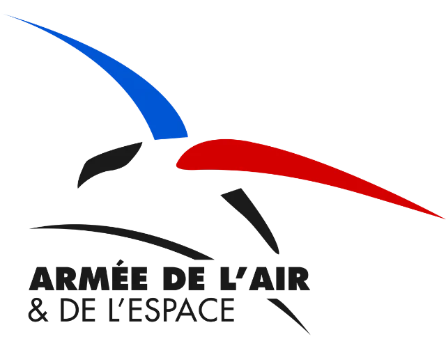 Logo de l'Armée de l'air et de l'espace, avec des formes stylisées bleues et rouges simulant un vol.