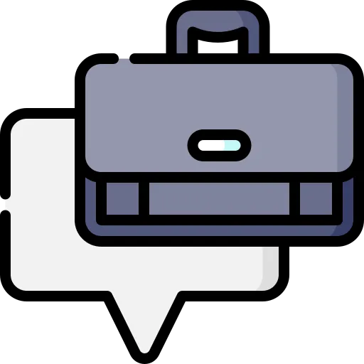 Illustration d'une mallette grise posée sur une bulle de dialogue blanche, symbolisant la communication professionnelle ou le travail.