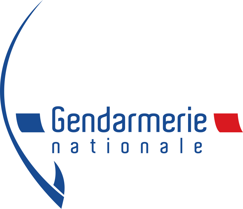 Logo de la Gendarmerie Nationale française avec des éléments graphiques bleus et un carré rouge.