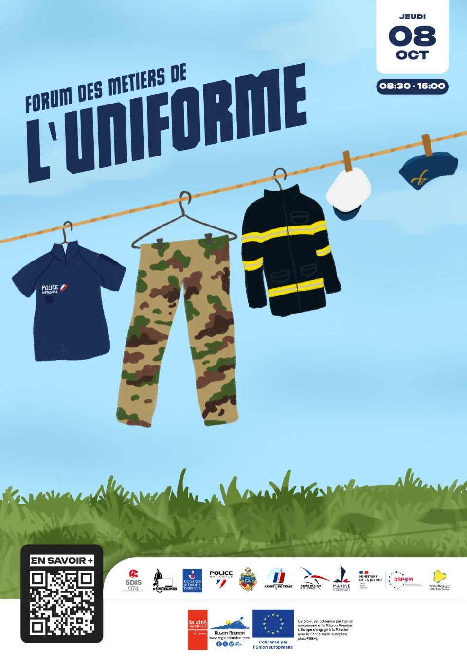 Affiche du forum des métiers de l'uniforme le 8 octobre, avec des tenues de police, militaire et de pompier séchant sur une corde.