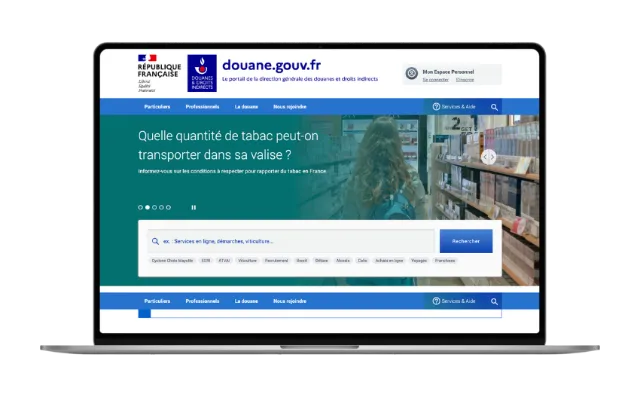 Page d'accueil du site douane.gouv.fr informant sur la quantité de tabac autorisée en valise.