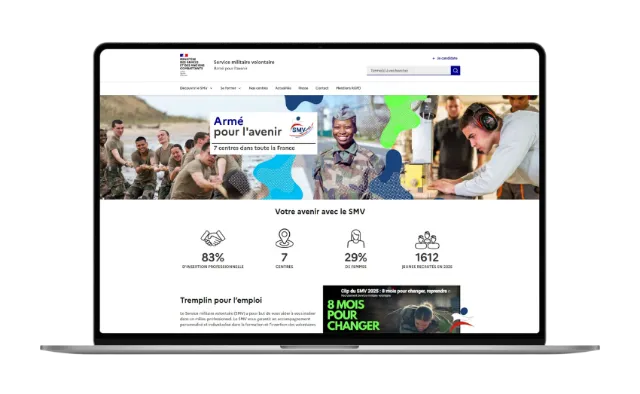 Site web du Service Militaire Volontaire (SMV) présentant des jeunes en uniforme, des statistiques sur l'insertion et des centres.