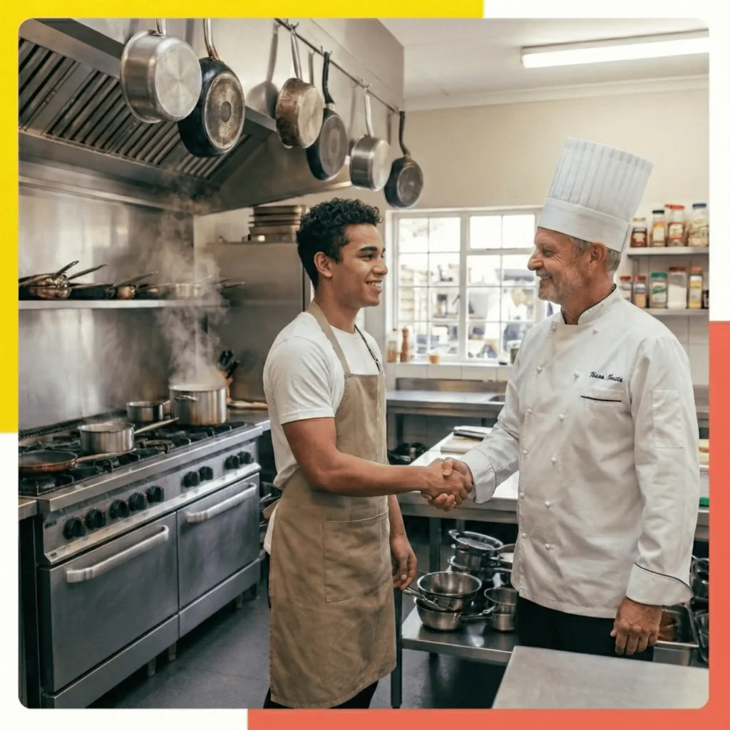 Jeune apprenti cuisinier en tablier serrant la main d'un chef dans une cuisine professionnelle.