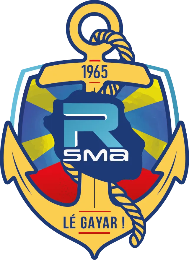 Logo du RSMA : ancre jaune, carte de La Réunion bleue avec R et SMA, date 1965, et slogan "Lé Gayar !"